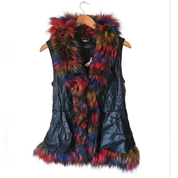 La Coalition Jackets & Blazers - NWT LA Coalition Black Multicolor Faux Fur Faux Leather Zip Up Vest, Size L